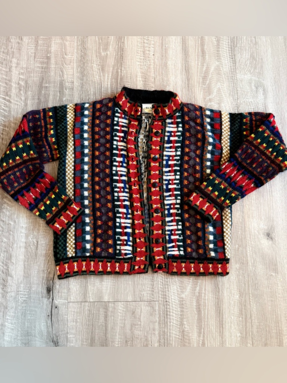 Vintage Sumpac 100% Alpaca Cardigan Sweater Womens Med Multi Fair Isle Bolivian